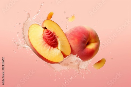 Fresh nectarines in water splash on orange background. 3d illustration photo