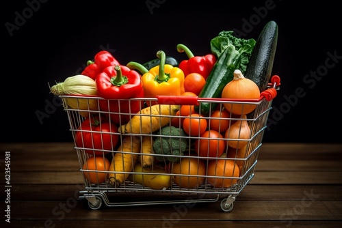 Shopping cart full of fresh fruits and vegetables in grocery store