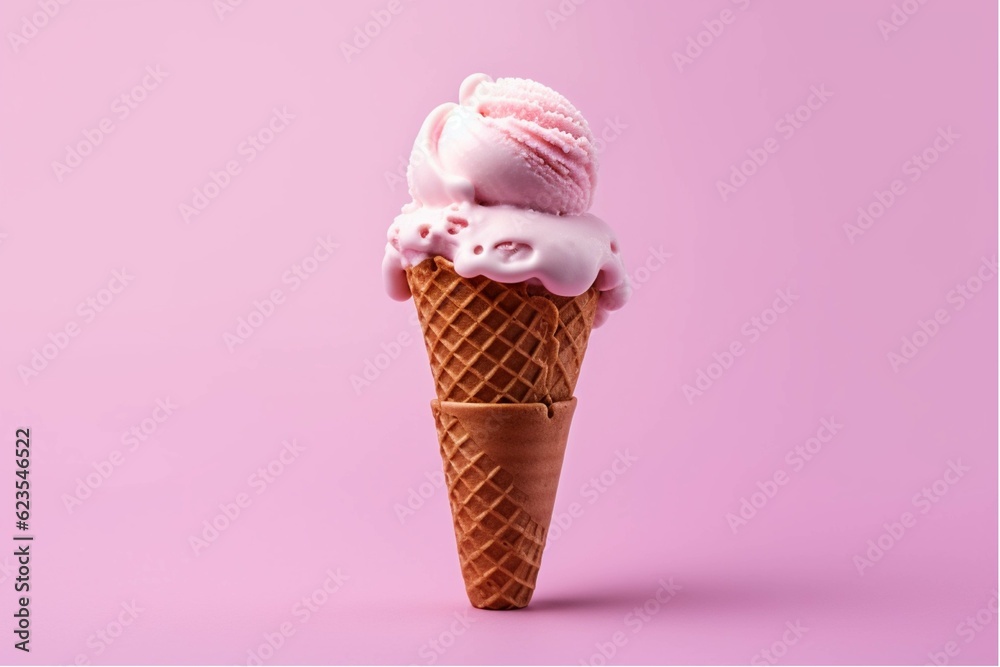 Fruit ice cream in waffle cone on pink background with copy space Fruit ice cream in waffle cone on pink background with copy space