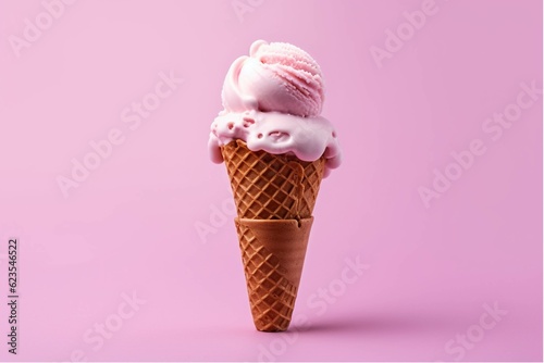 Fruit ice cream in waffle cone on pink background with copy space