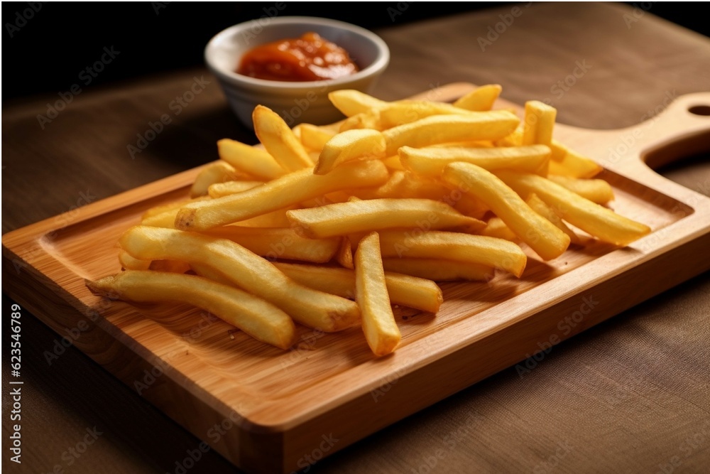 Golden French fries potatoes on a wooden cutting board with ketchup Golden French fries potatoes on a wooden cutting board with ketchup