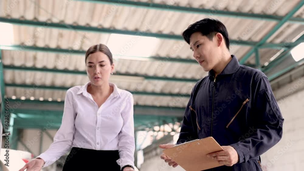 Caucasian client lady upset complaint technician for poor estimate repair the car accident, customer woman angry Asian mechanic man who maintenance auto, small business owner lack of experience