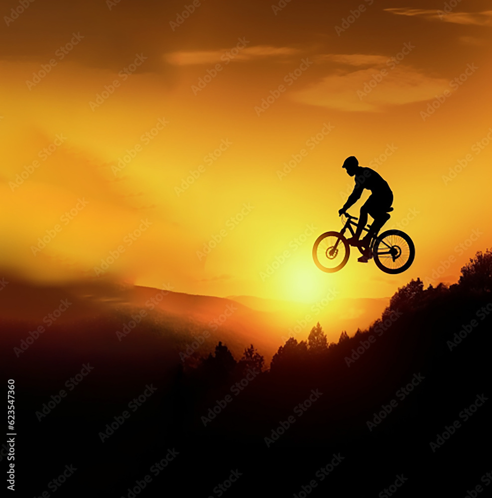 Mountain biker rides mountainous terrain at sunset, cycling