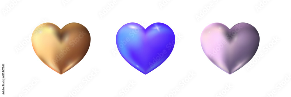 Set of realistic golden, blue and silver hearts. Valentines day design element.
