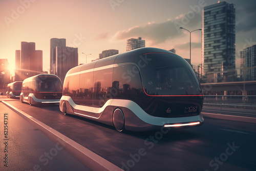 Autonomous electric bus with self-driving on the street, smart car technology concept