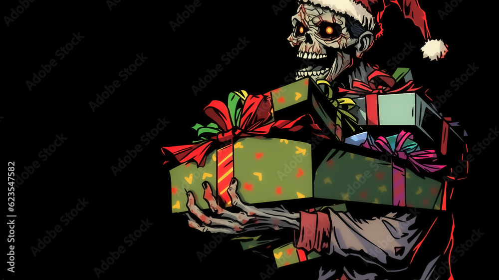 Obraz premium Christmas Zombie carrying presents on a black background with copy space. Created with Generative AI.