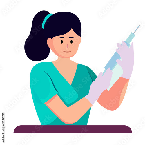 nurse preparing an injection flat style vector illustration, female caregiver or medic preparing a vaccine or injection flat style stock vector image