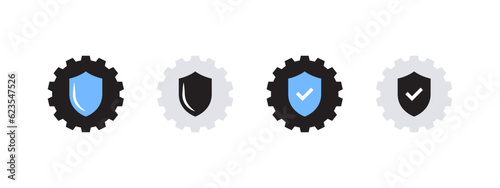 Gears with shield. Machine gear icons. Gear wheel collection. Vector scalable graphics
