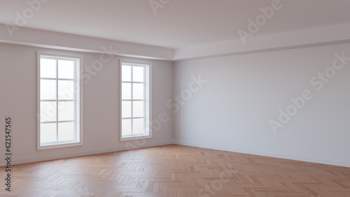 Fototapeta Naklejka Na Ścianę i Meble -  White Interior with a White Ceiling and Cornice, Glossy Herringbone Parquet Floor, Two Large Windows and a White Plinth. Unfurnished Room Concept. 3D illustration. 8K Ultra HD, 7680x4320, 300 dpi