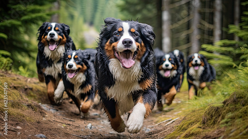 A Pack of Bernese Dogs are Running and Playing Together in the Meadow