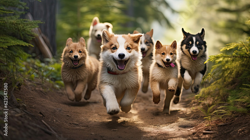 A Pack of Corgi  Dogs  are Running and Playing Together in the Meadow