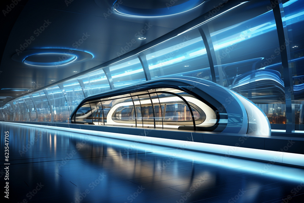 a modern and futuristic metro station, with sleek lines, glass walls, and innovative design elements Generative AI