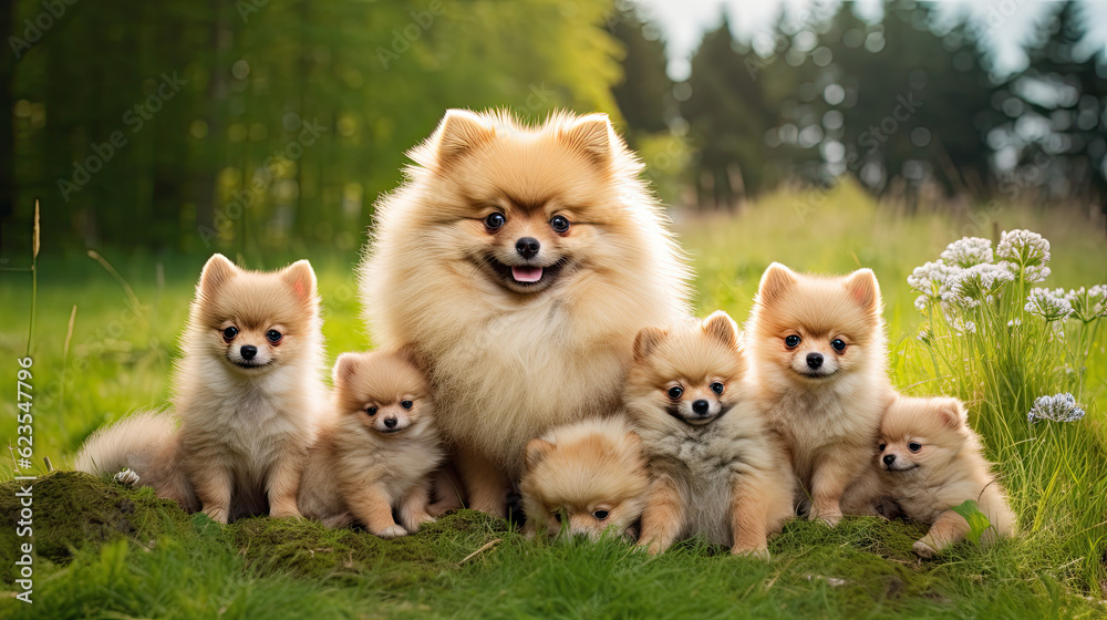 Pomeranian dog mum with puppies playing on a green meadow land, cute dog puppies Pomeranian dog mum with puppies playing on a green meadow land, cute dog puppies