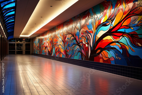 A close-up shot capturing the intricate and colorful mosaic artwork adorning the walls of a metro station Generative AI
