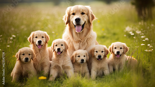 Golden retriever dog mum with puppies playing on a green meadow land, cute dog puppies 