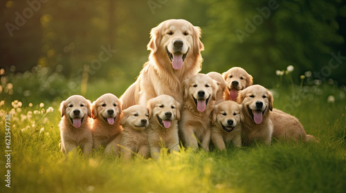 Golden retriever dog mum with puppies playing on a green meadow land, cute dog puppies 