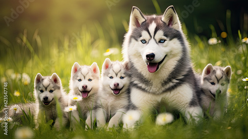 Husky dog mum with puppies playing on a green meadow land, cute dog puppies 