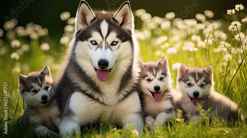 Husky dog mum with puppies playing on a green meadow land, cute dog puppies 