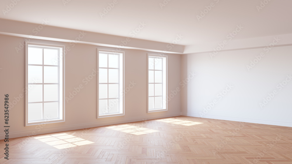 Fototapeta premium Beautiful Sunny Room with White Walls, Three Large Windows, White Ceiling and Cornice, Glossy Herringbone Parquet Flooring and a White Plinth, 3D illustration. 8K Ultra HD, 7680x4320, 300 dpi