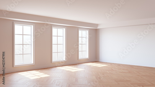 Beautiful Sunny Room with White Walls, Three Large Windows, White Ceiling and Cornice, Glossy Herringbone Parquet Flooring and a White Plinth, 3D illustration. 8K Ultra HD, 7680x4320, 300 dpi