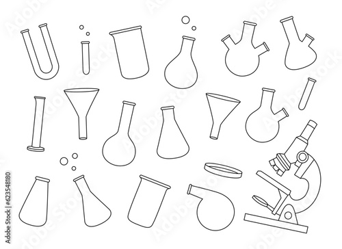 Laboratory glassware outline set. Laboratory glasses for chemistry experiments. Conical flask, glass beaker, filter funnel, U tube, microscope.