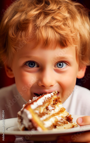 Cute and smiling little boy eats a tasty slice of sweet cake