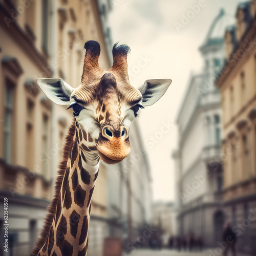 Urban Serenity: Portrait of a Giraffe Amidst City Skyscrapers - generative ai © Uolir