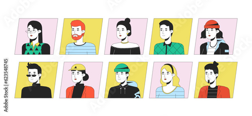 Young caucasian people flat color cartoon avatar icons bundle. Editable 2D user portraits linear illustrations. Isolated vector face profile cliparts. Userpic collection, people head and shoulders