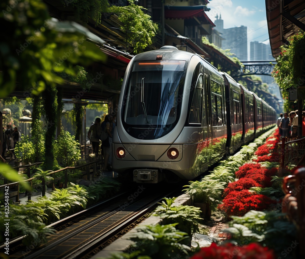 Naklejka premium Modern high-speed sleek train, generative ai