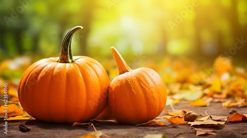 Two orange pumpkins on autumn leaves background in park. Thanksgiving concept