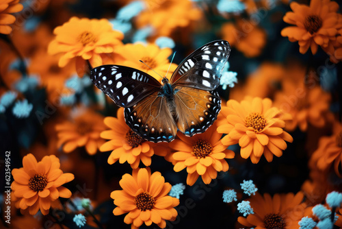 Butterfly on orange flowers background