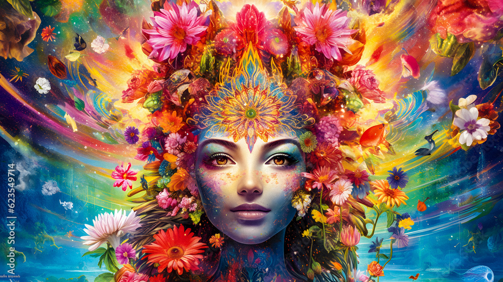 Vibrant Digital Painting of a Woman's Face Surrounded by Flowers - generative ai