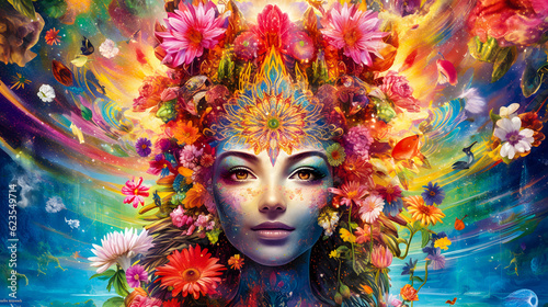 Vibrant Digital Painting of a Woman's Face Surrounded by Flowers - generative ai