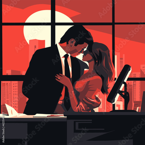 Love affair at work in office, love between office employees, romance and business, vector flat illustration.