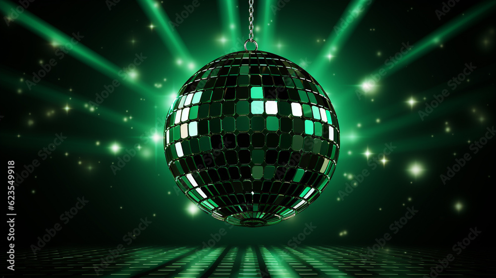 Fototapeta premium grüne Discokugel mit Lichtern und Lichteffekten. Querformat. Generative Ai.