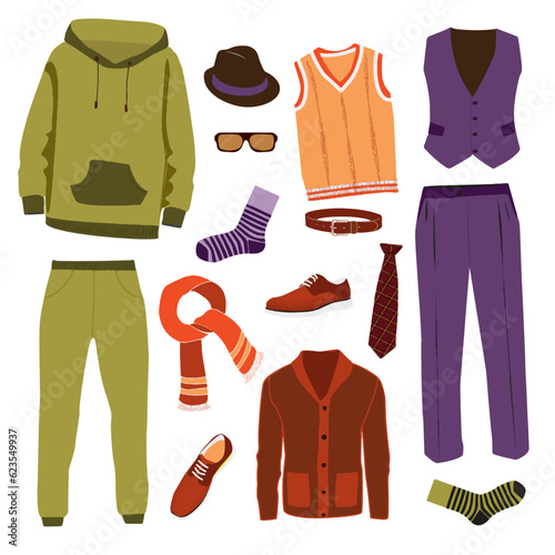 Woman and man clothes and accessories collection - fashion wardrobe - vector color illustration