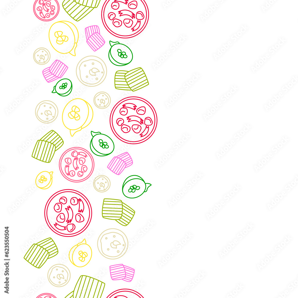 vertical colorful doodle line Thailand culture desserts seamless pattern on white background. vector abstract illustration. - obrazy, fototapety, plakaty 