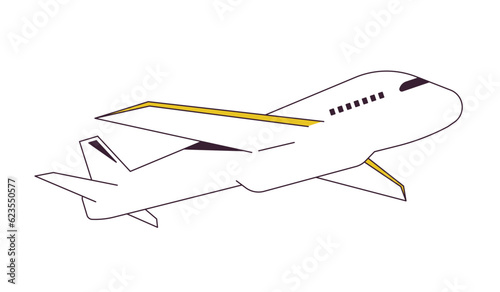 Airplane flying flat line color isolated vector object. Passenger plane flight. Air travel. Editable clip art image on white background. Simple outline cartoon spot illustration for web design