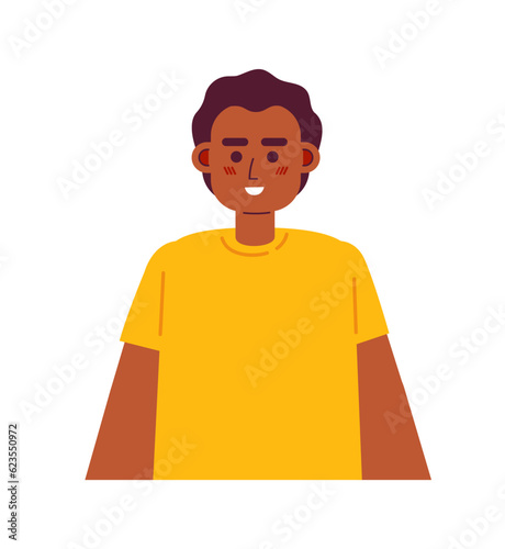 African american young boy semi flat color vector character. Black preteen kid wearing tshirt. Editable half body person on white. Simple cartoon spot illustration for web graphic design