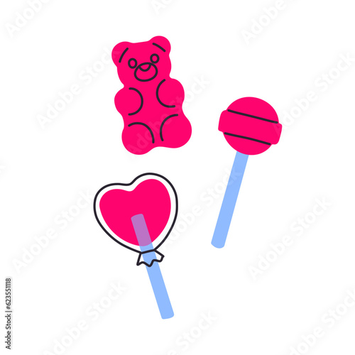 Classic 80s 90s sweets in modern style flat, line style. Hand drawn vector. Fashion patch, badge, emblem.