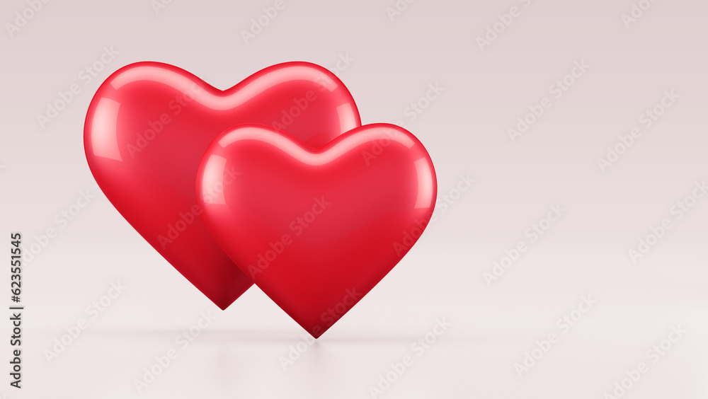 Two red hearts isolated on light gray background. 3d illustration.