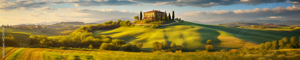 Hills of Tuscany in spring, panoramic view. Italy - Generative AI