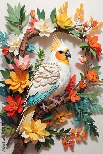 Explore the colorful world of a Kirigami Lutino Cockatiel perched on a branch  surrounded by vibrant flowers and lush leaves. Captivating paper art for bird lovers.