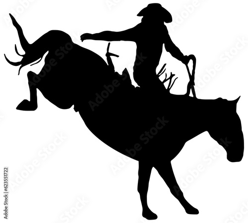 Cowboy riding a bucking horse at a rodeo in black silhouette, isolated 