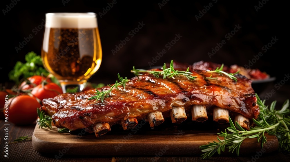 Glass of beer and grilled pork ribs with rosemary on a wooden board. Copy space. Generative AI Glass of beer and grilled pork ribs with rosemary on a wooden board. Copy space. Generative AI
