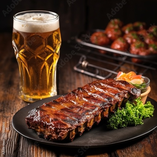Glass of beer and grilled pork ribs with rosemary on a wooden board. Copy space. Generative AI