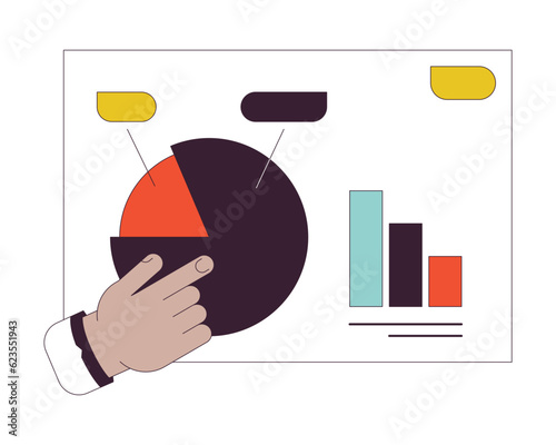 Business presentation pie chart pointing flat line concept vector spot illustration. Diagram analytics whiteboard 2D cartoon outline hand on white for web UI design. Editable isolated color hero image