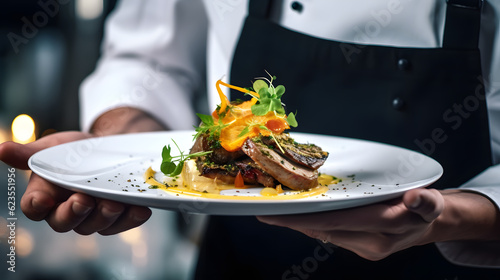 Fotografiet Modern food stylist decorating meal for presentation in restaurant