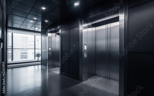 Elevator door in modern building. Generative AI technology.