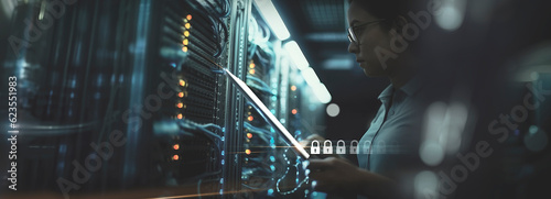 System Engineer Working for Cyber Data Security Company.Successful Female Data Center IT Specialist Using Tablet Computer, Turning Augmented VFX Visualization on Server Farm Cloud Computing Facility.